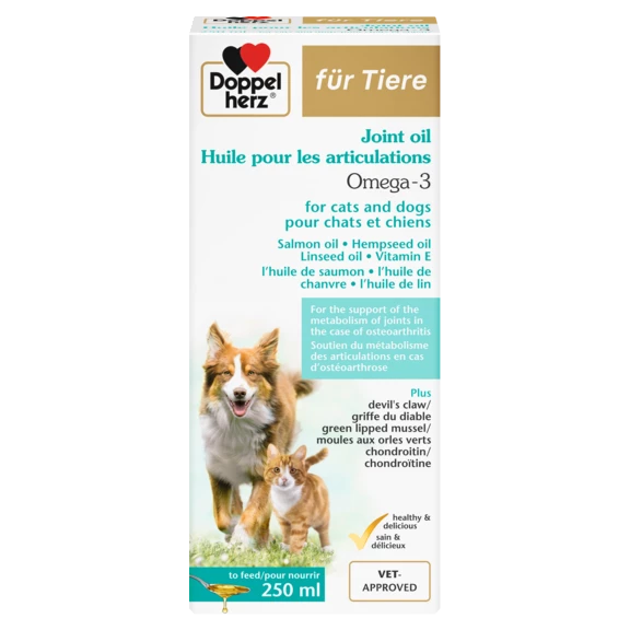 Illustration of the product packaging Doppelherz for animals Joint Oil Omega-3 for cats and dogs front view